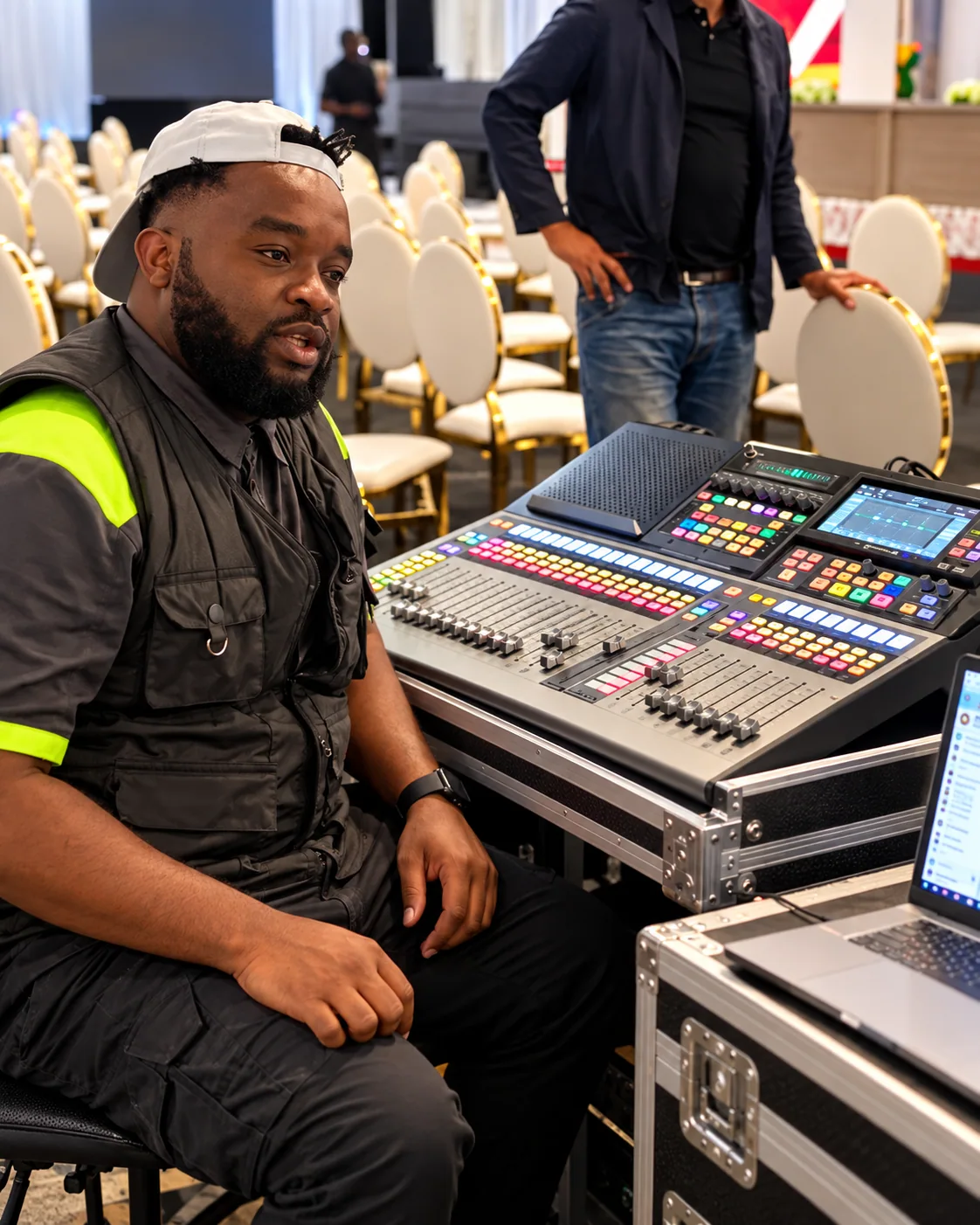 Technician beside a live sound mixing console